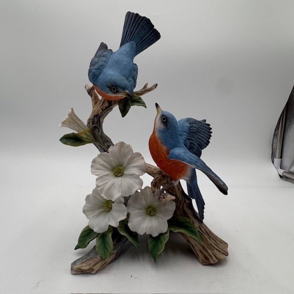 Pavone Eastern Bluebird Porcelain Figurine Flower Branch Decor Blue Orange